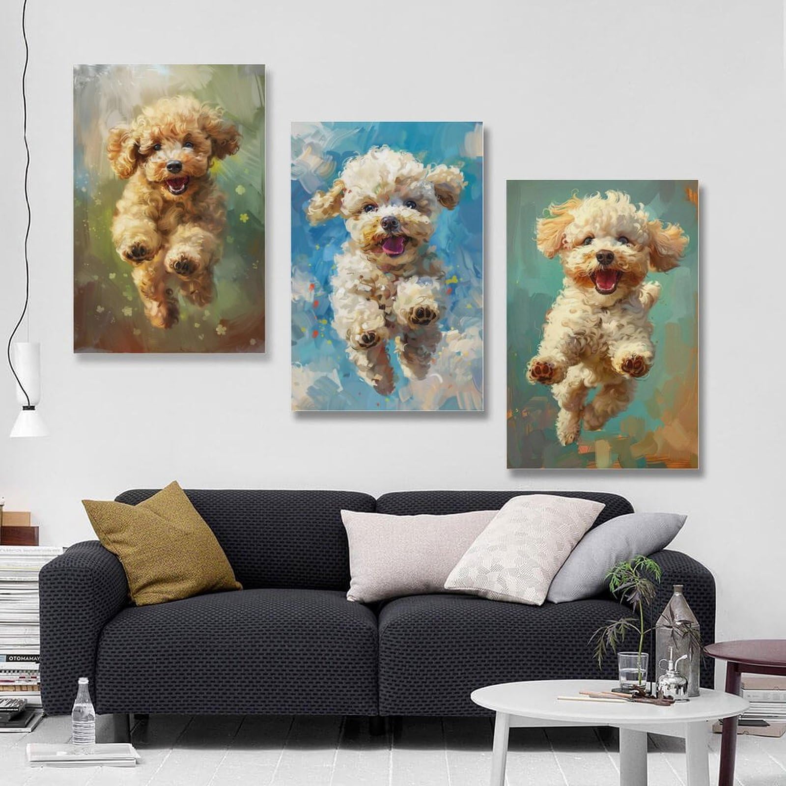 Amazon.co.jp: 3枚 かわいい子犬プードルが楽しそうにジャンプ 絵画